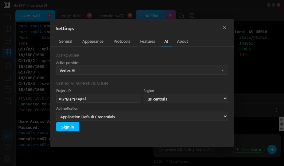 Settings → AI — Vertex AI