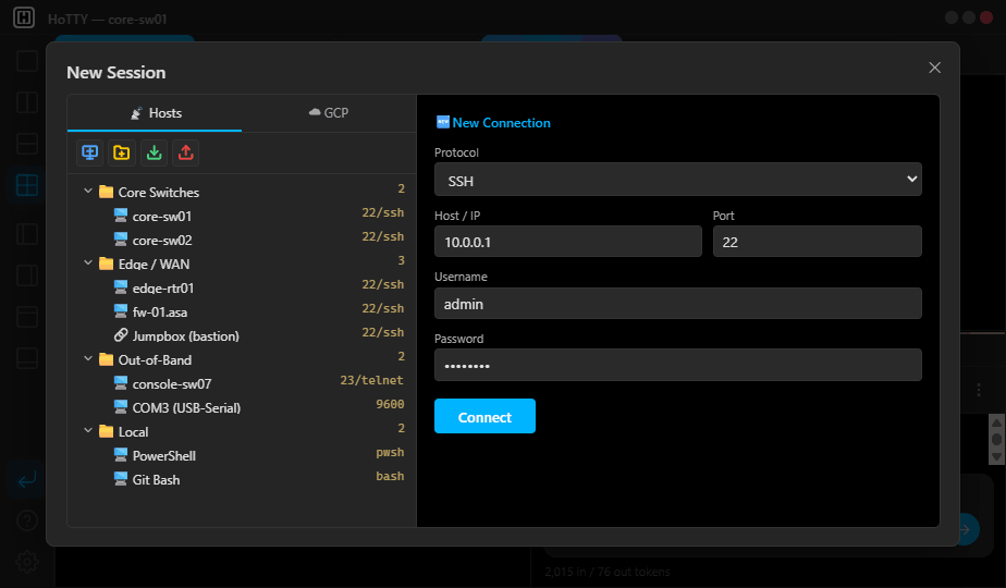 New Session dialog — host tree and toolbar