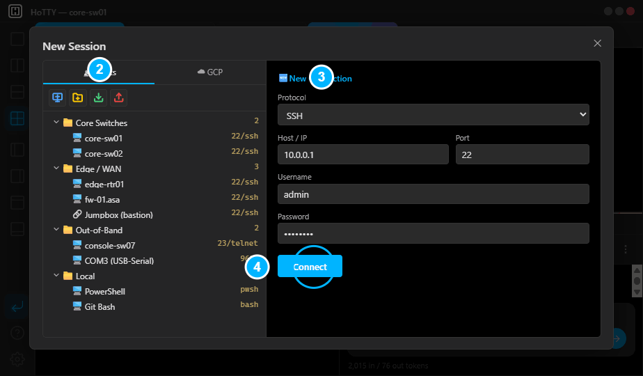 New Session dialog — Hosts, New Connection, Connect